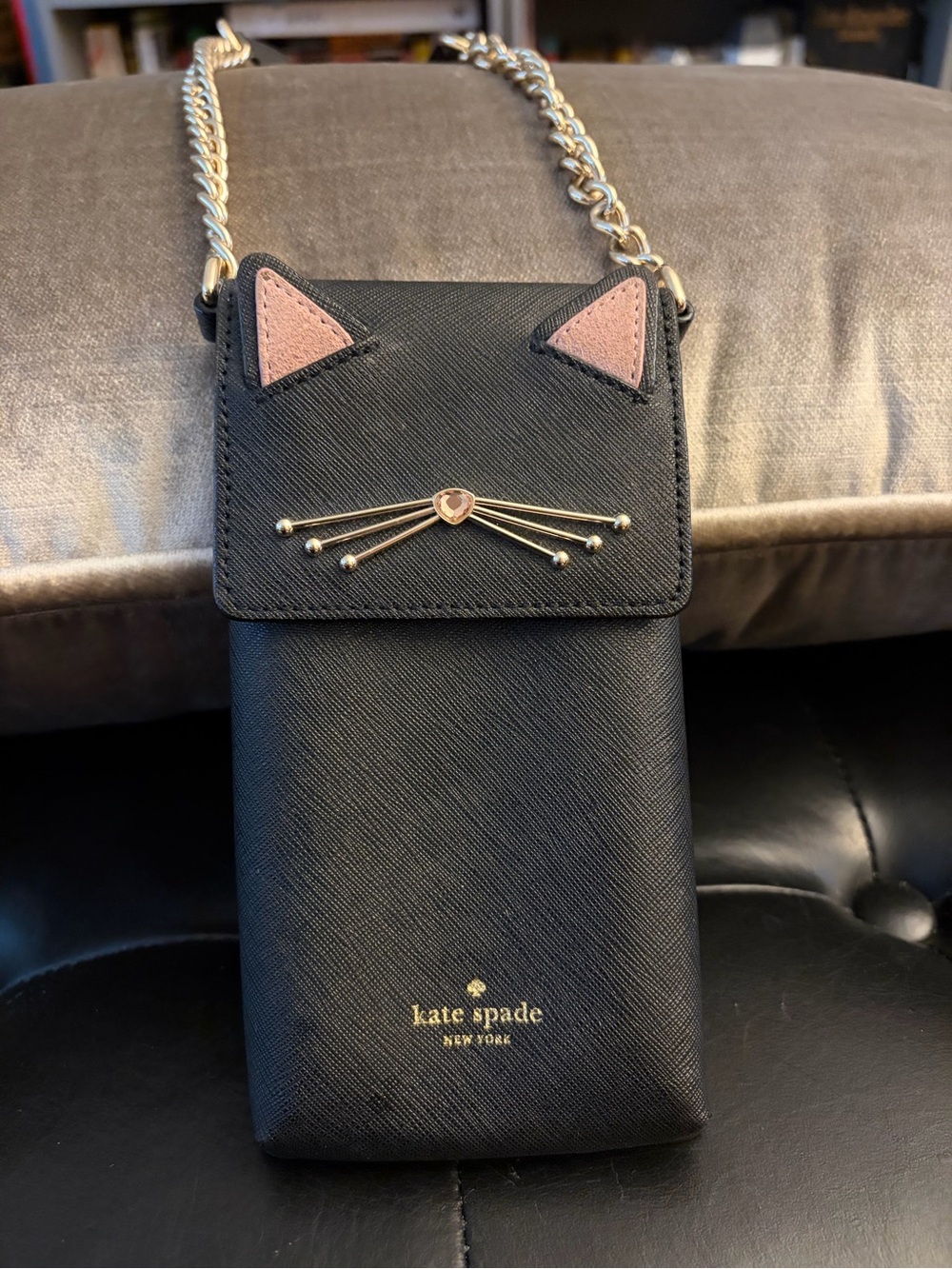 Kate Spade Black Pebbled Leather Crossbody Phone Bag with Pink Ear Accents